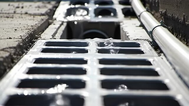 Abstract close-up of a water drainage system, featuring metal grates and concrete setting