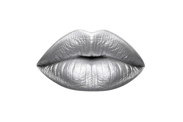 Stylized silver metallic lips with detailed texture and natural shape, isolated on a transparent background
