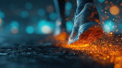 A close-up of a sneaker hitting the ground, creating a dynamic burst of glowing orange sparks against a blurred blue background.
