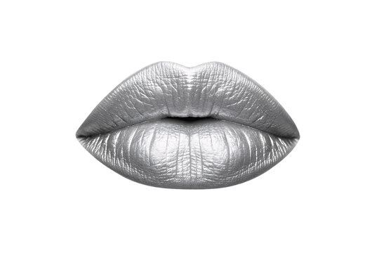 Stylized silver metallic lips with detailed texture and natural shape, isolated on a transparent background