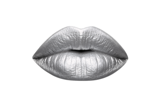 Stylized silver metallic lips with detailed texture and natural shape, isolated on a transparent background - Powered by Adobe