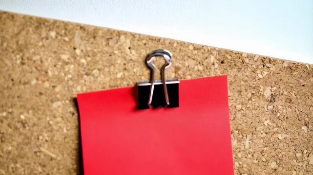 Bright red paper memo sheet attached to a cork board with a silver binder clip, displaying a vibrant communication method.