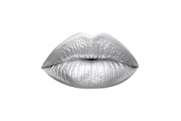 Realistic silver metallic lips with fine detail and natural curves, isolated on a transparent background