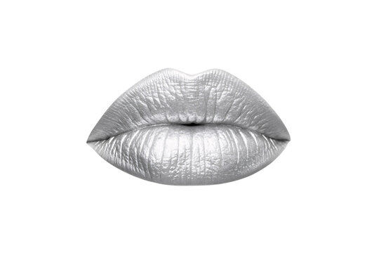 Realistic silver metallic lips with fine detail and natural curves, isolated on a transparent background