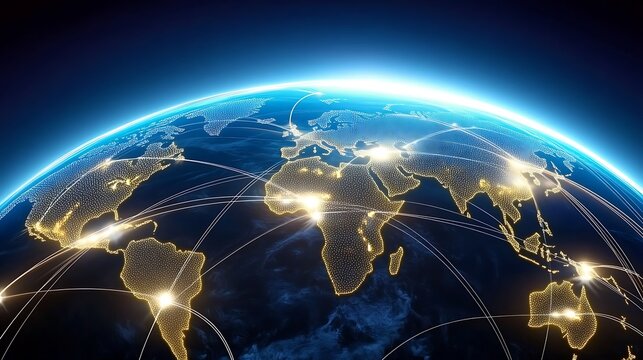 Illuminated globe depicting global connectivity and communication network with bright lights and white lines against a dark blue backdrop