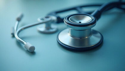 Close-up shot of a stethoscope on a blue surface, healthcare concept