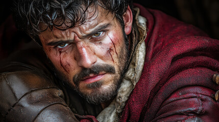 In evocative moment, regal man emotionally conveys deep betrayal while gripping his crimson robe His tear streaked cheeks and smudged eyeliner enhance drama of scene