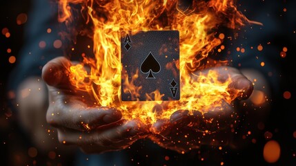 Hands of magician expertly control single playing card, which hovers in mid air surrounded flames and illuminated soft spotlight, creating mesmerizing effect during performance