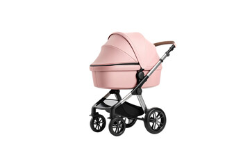 Elegant pink baby pram with large wheels and convertible bassinet for newborn comfort, isolated on a transparent background