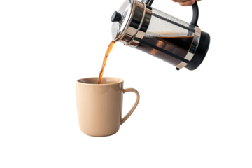 Coffee being poured from French press into beige ceramic mug, steam rising from hot beverage, isolated on a transparent background