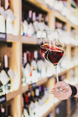 Close-up of a hand holding a glass of red wine in front of shelves with wine bottles, suggesting wine tasting or selection in a store environment.