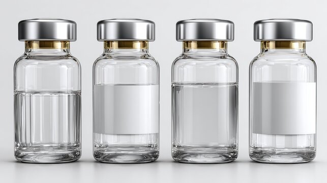 Four clear glass vials with silver caps, each filled with a transparent liquid, arranged in a row on a reflective surface with blank white labels.
