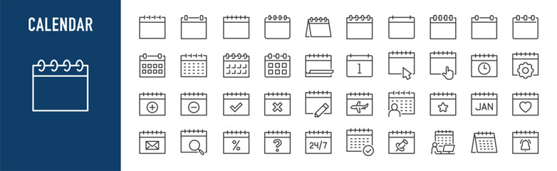 Calendar web icons in line style. Time and seasons, date, week, months, day, year, settings, collection. Vector illustration.