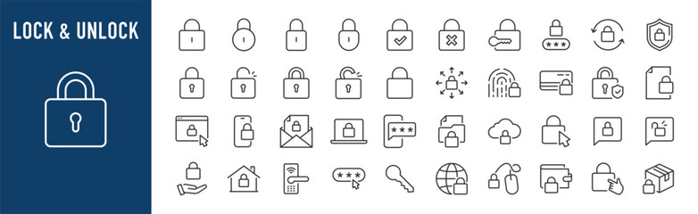 Lock web icons in line style. Security, safe, document, unlock, protection, issue, collection. Vector illustration.