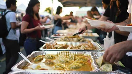 Crowd enjoying outdoor buffet with plentiful food choices at social gathering