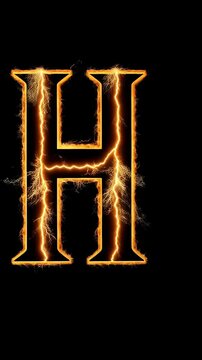 Glowing fiery letter H with electrical discharge effect on black background, symbolic representation of power, energy and initial, letter design, typeface.