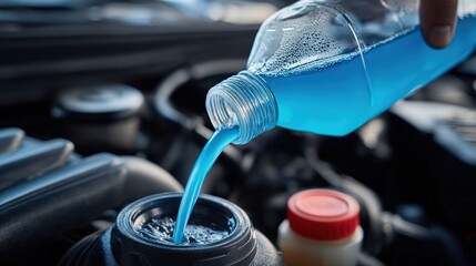 Blue coolant liquid being poured from a bottle into a car"s engine coolant reservoir.