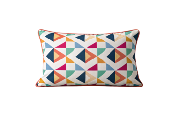 Bold geometric pillow with colorful triangular chevron pattern in bright contemporary colors, isolated on a transparent background