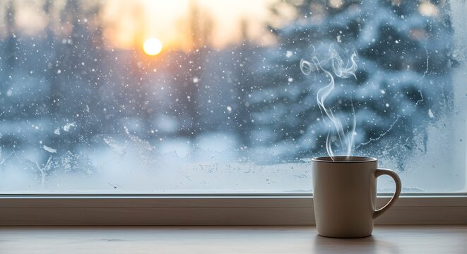 Warm drink by frosty winter window