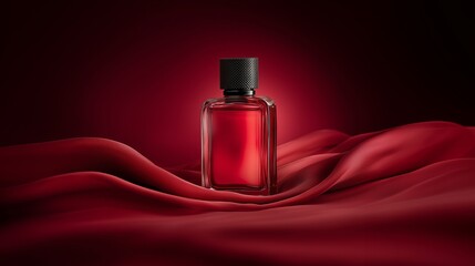 Elegant red perfume bottle displayed on soft, flowing red fabric under gentle lighting