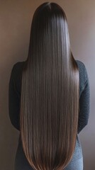 Sleek and shiny long hair showcasing perfect straight styling, smooth texture, and healthy appearance from root to tip against neutral background