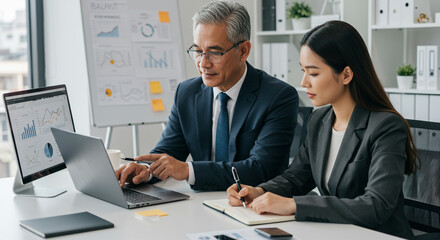 Business professionals collaborating on laptop with charts and graphs in modern office space setting