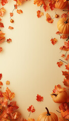 Autumn background with copy space featuring colorful fall foliage and pumpkins.