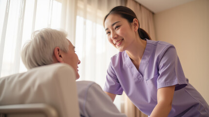 Obraz premium Caring nurse providing support to elderly patient in hospital room, showcasing compassion and professionalism in healthcare