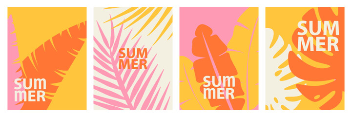 Collection of four vertical abstract summer posters with silhouetes of tropical leaves, colorful groovy nature background