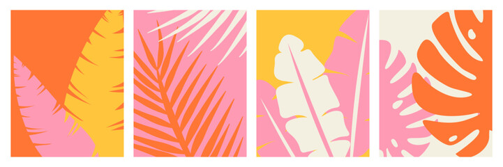 Collection of four vertical abstract summer posters with silhouetes of tropical leaves, colorful groovy nature background