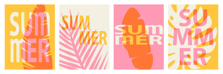 Collection of four vertical abstract summer posters with silhouetes of tropical leaves, colorful groovy nature background, risograph effect