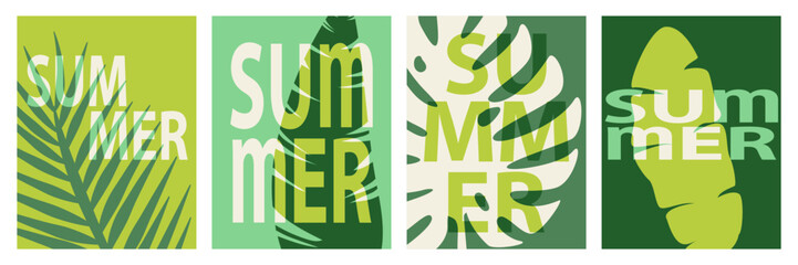 Collection of four vertical abstract summer posters with silhouetes of tropical leaves, colorful nature background, risograph effect