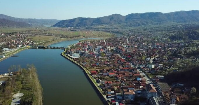 Aerial view of the Ostrov Island on Olt River and Calea lui Traian in Calimanesti, Romania