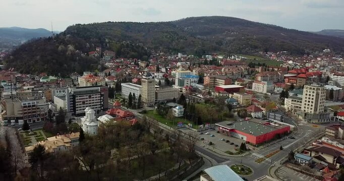 Aerial footage of Ramnicu Valcea downtown, Romania during daytime