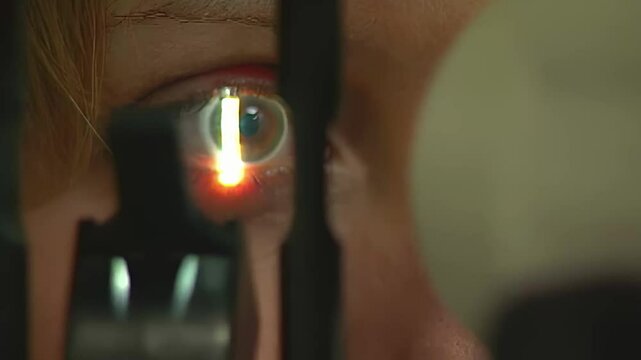 Close-up of a patient's eye undergoing a slit-lamp examination at the eye doctor, highlighting the cornea and iris. Ideal for medical, vision care, or glaucoma awareness projects. 14704	