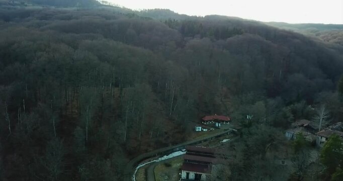 Aerial footage of the spa town of Baile Govora in Valcea County, Romania at sunset