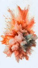 Vibrant explosion of peach, orange, and mint-green powder paint, creating a dynamic, abstract burst against a plain white background.  Detailed explosion of color, with soft, fluffy textures