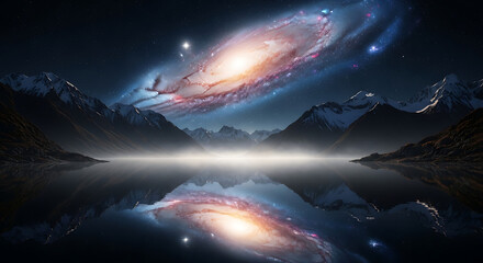 Fototapeta premium Cosmic Reflection Galaxy over Majestic Mountains and Serene Lake