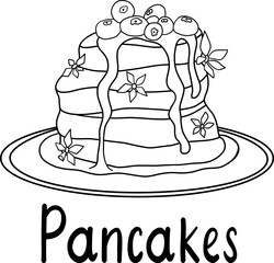 Pancakes vector hand drawn illustration. isolated on white background. Black outline. Lettering. Pancakes with syrup and berry on plates and flowers. Doodle style.