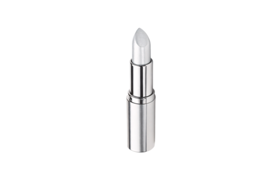 Silver lipstick tube with metallic finish and pointed bullet tip, standing upright on white background, isolated on a transparent background