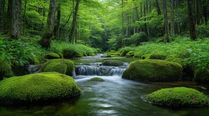 Schapenvacht deken Lush green forest stream with mossy rocks © tri