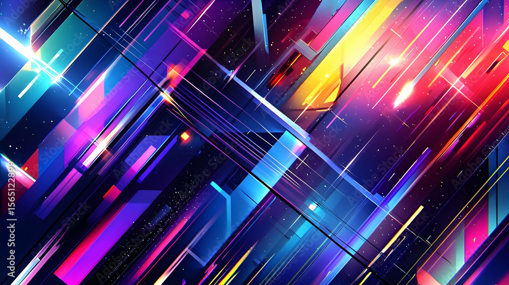 Poster abstract digital art with vibrant, intersecting lines and shapes, creating a dynamic, energetic visu