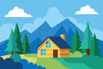 Serene Mountain Cabin Peaceful Landscape Illustration