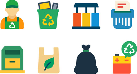 Colorful flat icon set for recycling and waste management, recycling process and infrastructure: recycling worker, paper bin, sorting station, shredder, cardboard box, eco bag, garbage sack, battery