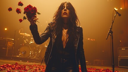 glamorous woman stands on empty stage, her expression filled passion and heartbreak as she tosses red roses into air Golden lights illuminate her while petals gracefully fall around