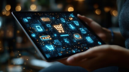 A person holds a tablet computer with glowing digital shopping icons