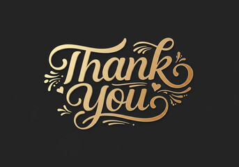 Golden thank you text with flourishes on a black background for appreciation and gratitude message