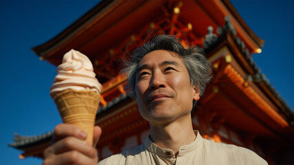 寺院前でソフトクリームを楽しむ日本人男性