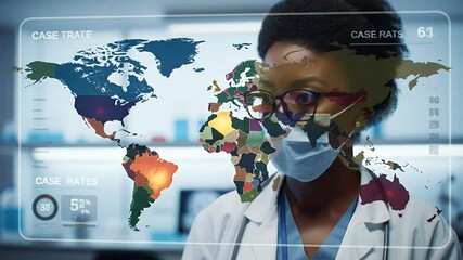 Masked doctor analyzing world map case rates on transparent screen - Powered by Adobe