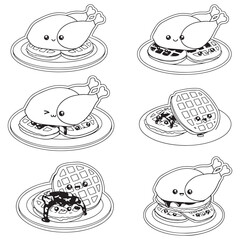Chicken And Waffles kawaii face black vector. Chicken And Waffles  black Vector bundle.  Chicken And Waffles black vector, illustration, lineart 